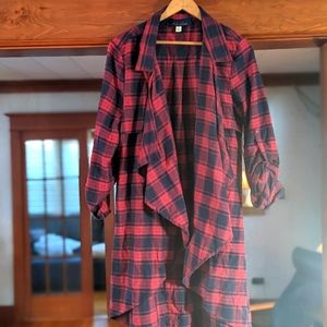Blue Rain Size Large Open Drap Red Navy Plaid Flannel Cardigan Long Length